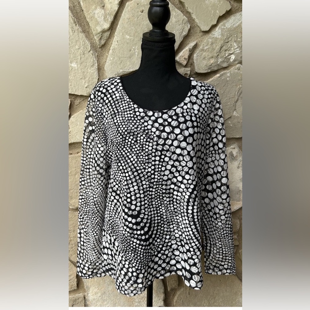 Chico's Top Size 2 Large‎ Black White Polka Dot Mesh Lined Long Slv EC